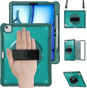 iPad Air 13 inch Case 2024 M2 Chip Dual-Layer Protective Tablet Cover,Lightweight Durable,Shock-Absorbing Corners with 360° Rotating Hand Strap and Hidden Kickstand & Shoulder Strap, Teal