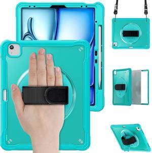 iPad Air 13 inch Case 2024 M2 Chip Dual-Layer Protective Tablet Cover,Lightweight Durable,Shock-Absorbing Corners with 360° Rotating Hand Strap and Hidden Kickstand & Shoulder Strap, Blue