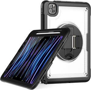 Case for iPad Air 5 (2022) M1 Chip/iPad Air 4th 2020 10.9 inch Multilayered Rugged Durable Shockproof Tablet Cover with 360° Rotating Hand Strap Foldable Hidden Stand, Transparent