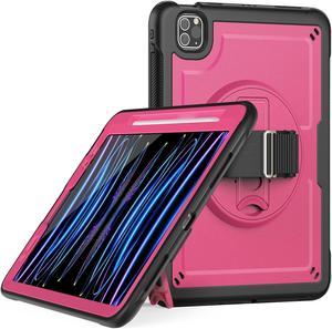 Case for iPad Air 5 (2022) M1 Chip/iPad Air 4th 2020 10.9 inch Multilayered Rugged Durable Shockproof Tablet Cover with 360° Rotating Hand Strap Foldable Hidden Stand, Pink