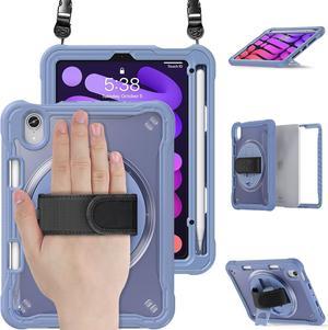 Case for iPad Mini 6 8.3 Inch 2021 with Pencil Holder Heavy Duty Rugged Shockproof Tablet Cover with 360° Rotating Hand Strap Foldable Hidden Stand & Shoulder Strap, Lavender