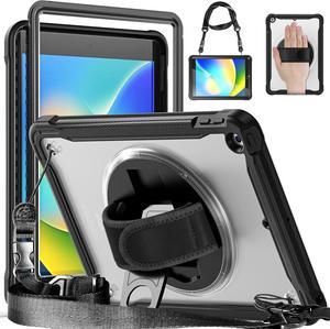 Case for iPad 10.2 inch 9th / 8th / 7th Generation (2021/2020 / 2019) Heavy Duty Rugged Shockproof Tablet Cover with 360° Rotating Hand Strap Foldable Hidden Stand & Shoulder Strap, Black