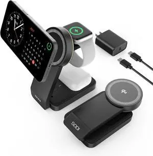 3-in-1 Foldable Wireless Charging Station for Multiple Devices, Fast Qi2-Certified Portable Travel Charger Stand for iPhone//Apple Watch/AirPods, Nightstand QI2 Charger with Night Light