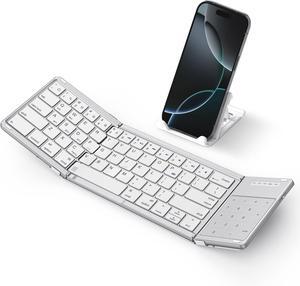 Foldable Wireless Keyboard With Touchpad, Phone Holder - Portable Rechargeable Bluetooth Travel Keyboard for iPad, iPhone, Mac, iOS Tablets - Slim Pocket Folding, White