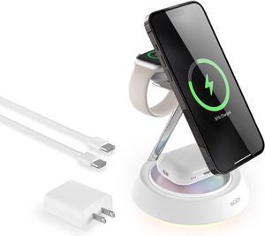 Magnetic Wireless Charging Station for Multiple Devices, 3 in 1 15W Charger Stand with Ambient Light, Magnetic Charger Station Compatible with iPhone 16 15 14 13 12 Pro/Max, AirPods & iWatch