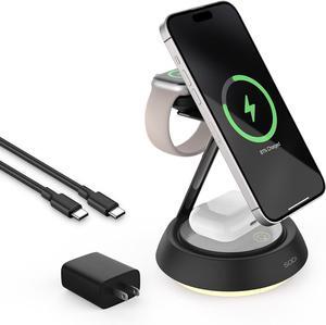 3 in 1 Wireless Charging Station for Multiple Devices, 15W Wireless Charger Stand with Ambient Light, Magnetic Charger Station Compatible with iPhone 16 15 14 13 12, AirPods & iWatchBlack