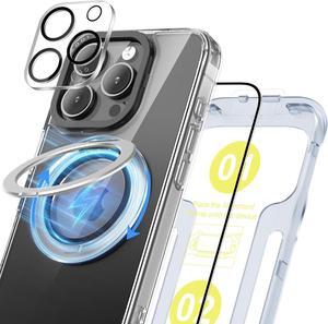 3-in-1 Magnetic Phone Case for iPhone 16 Pro with Built-in Magnetic Phone Ring Grip Kickstand Includes 1×Screen & Camera Protectors, Clear