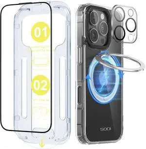 Military-Grade Magnetic Phone Ring Case for iPhone 16 Pro Max with Grip Holder, 3-in-1 Magnetic Phone Kickstand Case with Screen & Camera Protectors, Clear