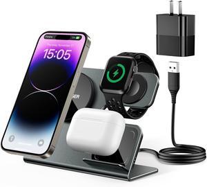 3 in 1 Aluminum Alloy Magnetic Wireless Charging Station Compatible with iPhone 16/15/14/13/12 Series, 15W Wireless Charger Office Bedroom Table for Airpods 4/3/2/Pro, iWatch with 20W Adapter