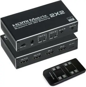 HDMI Matrix 2x2, HDMI Matrix Switch 2 in 2 Out Switcher Splitter Box with IR Remote Control, Support Ultra 4K@60Hz YUV 4:2:0, 4K@30Hz, 3D, 1080PHDMI 1.4, HDCP 1.4