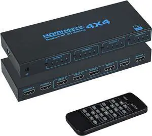 HDMI Matrix Switch 4x4, 4K HDMI Matrix 4 in 4 Out with IR Remote Control, Support HDMI 1.4, 4K@30Hz, 1080P@60Hz, 3D, YUV 4:2:0