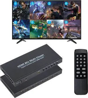 HDMI Quad MultiViewer 8x1, Seamless Switcher 8 in 1 Out with IR Remote Control, Support 1080p 4K@30Hz and 6 Viewing Modes