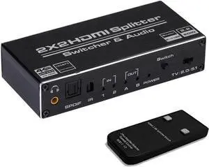 HDMI Switch 2x2, 2 Ports HDMI Switch Splitter 2 in 2 Out with IR Remote Control, Support HDMI 2.0, HDCP 2.2, Ultra HD, 4K x 2K@60Hz, 3D, 1080P (Dual Monitors Duplicate/Mirror Only)