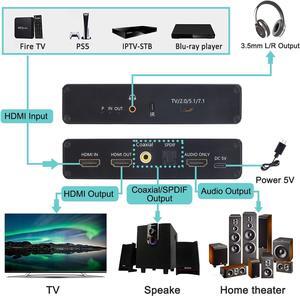 8K HDMI Audio Extractor Splitter, Supports 120Hz 4K, 60Hz 8K, HDMI 2.1, HDR, VRR, HDCP2.3 - Convert Audio to HDMI, Coaxial, 7.1Ch, Optical, 3.5mm and Coaxial