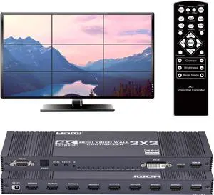 Video Wall Controller 3x3, TV Wall Processor, 4K@30Hz HDMI Multi-Screen Splicing Processor with HDMI+DVI+USB C Input, Support 13 Display Modes 3x2 2x3 2x2 4x2 2x4 Etc