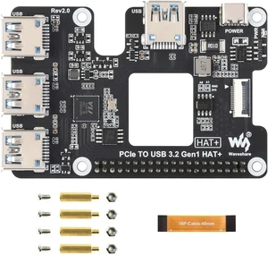 Waveshare PCIe to USB 3.2 Gen1 HAT for Raspberry Pi 5, PCIe to USB HUB, 4X High Speed USB Ports, No Driver Required, Plug and Play, HAT + Standard