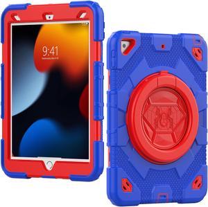 Kids Case for iPad 9th/ 8th/ 7th Generation Case 10.2" 2021/2020/2019, Full-Body Shockproof Heavy Duty Protective Case with Screen Protector, Rotating Stand/Handle/Shoulder Strap, Dark Blue