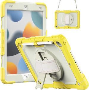iPad 9th/ 8th/ 7th Generation Case (iPad 10.2 Case, iPad 9/8/ 7 Gen Case): with Strong Protection, Screen Protector, Hand Strap, Shoulder Strap, 360° Rotating Stand, Pencil Holder - Yellow