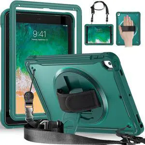 Pad 9th/8th/7th Gen Case 10.2 inch 2021/2020/2019,Shockproof Protective Case with Screen Protector,Pencil Holder,360°Rotate Stand/Hand Strap for Pad 10.2 Gen Kids Case-Midnight Green