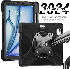 Case for iPad Air 11 Inch M2 2024 Release, iPad Air 5th / 4th Generation 10.9 Inch Case (2022/2020), Heavy Duty Shockproof Protective Case with Pencil Holder and rotating disk with 4 screw holes 75*75