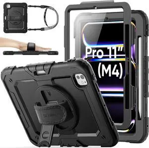 Case for iPad Pro 11 inch (M4) Case 2024 5th Generation, Shockproof Protective Case with Pencil Holder Screen Protector, 360° Rotate Stand Case with Adjustable Hand/Shoulder Strap, Black