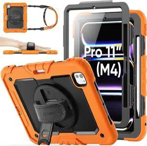 Case for iPad Pro 11 inch (M4) Case 2024 5th Generation, Shockproof Protective Case with Pencil Holder Screen Protector, 360° Rotate Stand Case with Adjustable Hand/Shoulder Strap, Orange