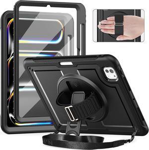 Case for iPad Pro 11-Inch (M4) 2024 with Screen Protector, 360° Rotating Kickstand, Adjustable Shoulder Strap, Precise Cutouts, Pencil Holder, Black