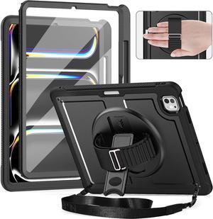 Case for iPad Pro 13 Inch M4 2024 7th Generation(Model: A2925, A2926, A3007) with Screen Protector, 360° Rotating Kickstand, Adjustable Shoulder Strap, Precise Cutouts, Pencil Holder, Black