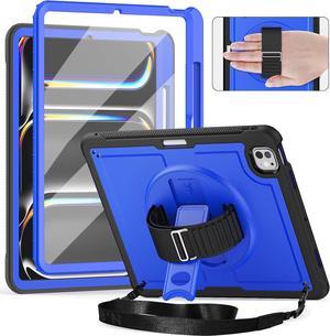 Case for iPad Pro 13 Inch M4 2024 7th Generation(Model: A2925, A2926, A3007) with Screen Protector, 360° Rotating Kickstand, Adjustable Shoulder Strap, Precise Cutouts, Pencil Holder, Blue