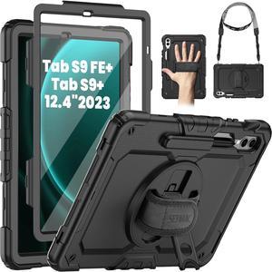 Case for Galaxy Tab S10+ Case 2024/ S9 FE+ Plus/ S9+ Plus 12.4 Inch 2023, Heavy Duty Shockproof Protective Case with Screen Protector, Stand, Hand/Shoulder Strap and Pen Holder, Black