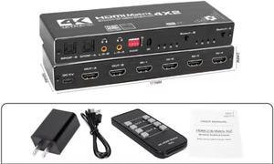 4K HDMI Matrix Switch, Video Switcher Splitter 4 in 2 Out, Ultra HD 4K@60Hz, 3D, 18.5Gbps x 3 Data Rate, Optical and LR Audio Output, IR Remote, HDMI 2.0b, HDCP 2.2