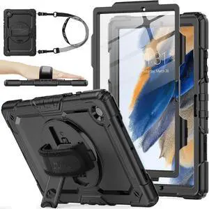 Case for Galaxy Tab A8 10.5'', Full-Body Drop Protection Case with Screen Protector Pencil Holder [360° Rotating Hand Strap] &Stand, Black