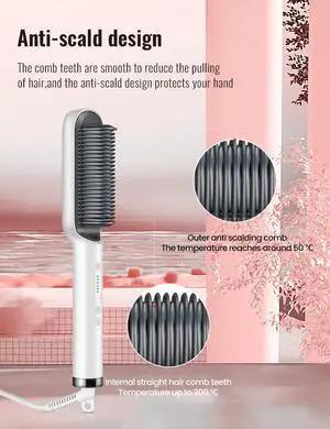 Hair Straightener Brush, Ring Hair Straightener Comb Straightening Brush for Women with 5 Temps 20s Fast Heating & Dual Voltage, White