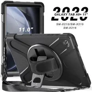Case for Galaxy Tab A9 Plus Case 11 Inch 2023, Shockproof Hard Duty Case with Screen Protector &360 Rotating Stand&Hand Strap/Shoulder Strap for Galaxy A9 Plus Tablet-Black