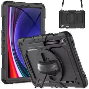 Galaxy Tab S10 FE/S9 FE 10.9 Inch/S9 Case 11 Inch 2025/2023 SM-X520/X510/X710, Heavy Duty Shockproof Protective Rugged Silicone Cover with Stable Kickstand, Shoulder Strap, S Pen Holder, Black