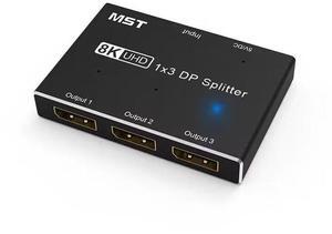 MST hub 8k DisplayPort Splitter 1 in 3 Out 8K@30Hz 4K@120Hz DP 1.4 Splitter Triple MST SST Hub Adapter 1x3 Port for 1 DisplayPort Ultra HD Source to 3 HD Display Port (DP to 3DP)