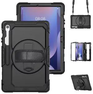 Protective Case for Galaxy Tab S10 FE Plus 13.1-inch 2025, Rugged Shockproof Galaxy Tab S10FE+ Case with 360°Rotating Kickstand/S-Pen Holder/Hand Strap/Shoulder Strap, Black