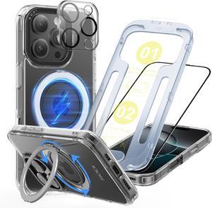 3 in 1 iPhone 16 Pro Max Case with 360°Rotatable Magnetic Ring Stand [1X Screen Protector + 1X Camera Lens Protector][Anti-Yellow] [Military-Grade Protection] Shockproof Phone Case 6.9",Clear
