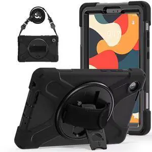 Compatible with Len-ovo Tab One 8.7 inch/K9 TB305FU (2025) Case with Screen Protector Heavy Duty Shockproof Protective Case Drop-Proof Cover Swivel Kickstand+Handle+Strapp Silicone Cover(Black)