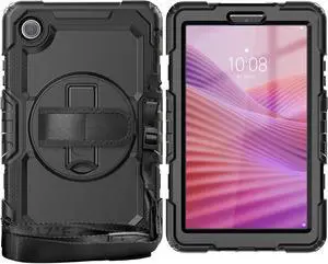 Compatible with Len-ovo Tab One 8.7 inch/K9 TB305FU (2025) Case with Screen Protector Heavy Duty Shockproof Protective Case Drop-Proof Cover Swivel Kickstand+Handle+Strapp Silicone Cover(Black)