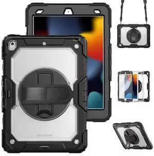 Case for iPad 9th/ 8th/ 7th Generation 10.2'', Shockproof with Screen Protector, Pencil Holder [360° Rotating Hand Strap] & Stand, for iPad 10.2 inch 2021-2019 (Clear)