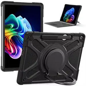 Case for Microsoft Surface Pro 12 Inch 2025, All-in-One Rugged Transparent Protective Cover with Multi-Angle Kickstand & Pen Holder & Hand Strap, Compatible with Type Cover Keyboard, Black