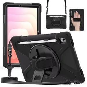 Case for Galaxy Tab S11 X730/X736/X736B Case 11", Shockproof Protective Case with Pencil Holder, 360° Rotating Hand Strap & Stand, Shoulder Strap, Black