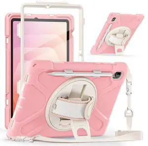 Case for Galaxy Tab S11 X730/X736/X736B Case 11", Shockproof Protective Case with Pencil Holder, 360° Rotating Hand Strap & Stand, Shoulder Strap, Pink