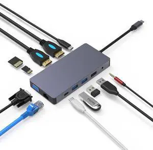 USB Type C Docking Station with 2 HDTV 12 In 1 USB-C Hub 3 Monitor Type-C to 4K Dual HDTV+VGA Adapter for Laptop