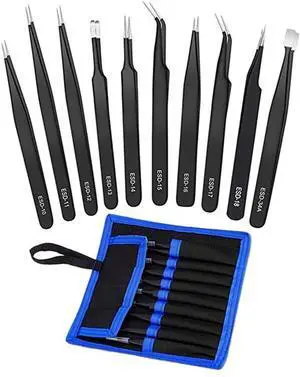 Tweezers Precision Set,Easily Life 10pcs ESD Tweezers Set, Anti Static Stainless Steel Anti Magnetic Tweezers Set with Storage Bag for Craft,Electronics Repair,jewelry repair,Laboratory Work,etc