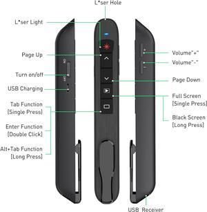 Presentation Clicker Green Laser Pointer, Rechargeable PowerPoint Clicker Wireless Presenter Remote, RF 2.4GHz USB Presentation Pointer Slide Advancer with Hyperlink Volume Control for Mac Computer