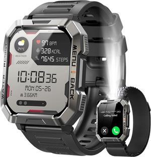 Men's Military Smartwatch (Receive/Dial), 2.01-inch Smartwatch for Android and iPhone, Fitness Tracker with Flashlight/Compass/100 Day Battery/Heart Rate/Sleep/100+ Sport Modes (2 Bands).