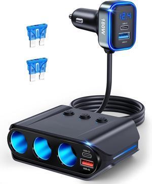 7-in-1 Cigarette Lighter Ignition Splitter, 180W (192W max) with Dual PD 36W/QC3.0 Fast Charging (3.7FT Cable) 12V/24V Independent Switching and LED Voltage Display