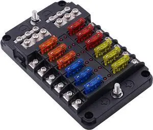 Marine Fuse Block Panel with LED Warning Indicator Moisture Shield - 12 Circuits with Negative Bus Fuse Holder Holder Screws for Automotive Marine RV Trucks DC 12-24V, Includes Fuse